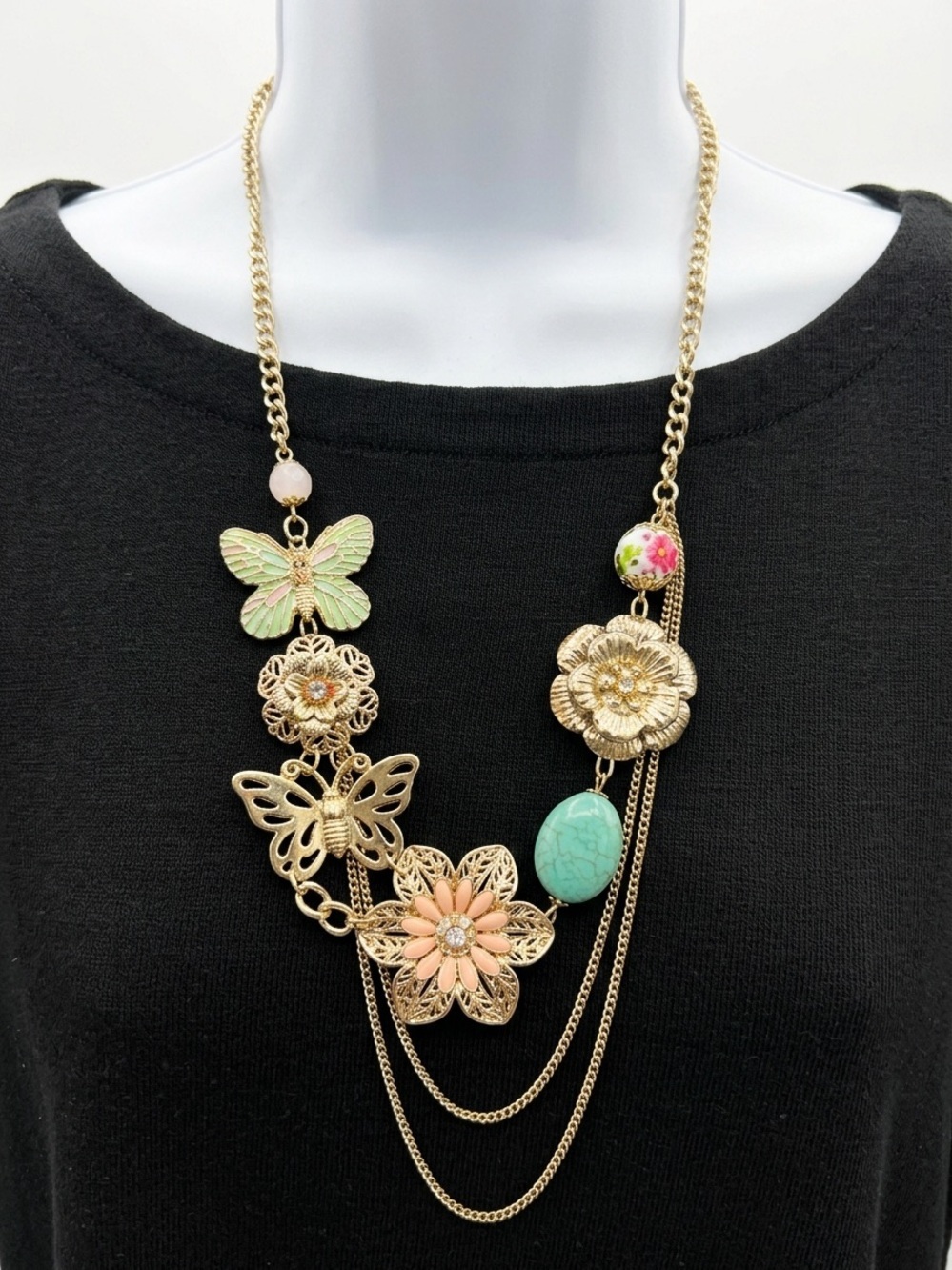 Gold Tone Multi Strand Butterfly and Floral Charm Necklace Boho Statement Piece